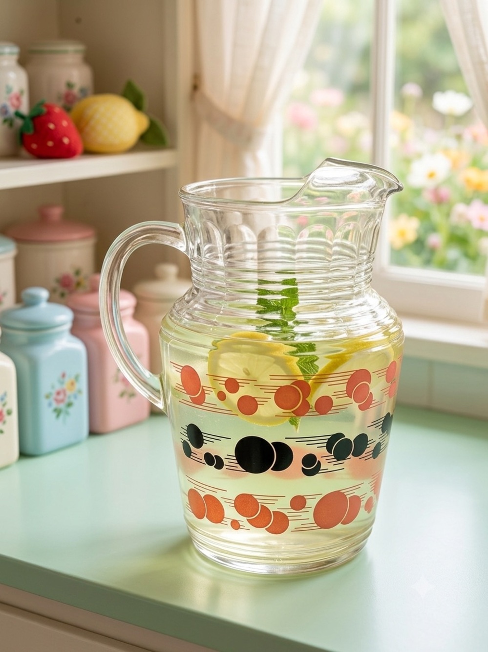Vintage Hazel Atlas Glass Atomic Dots Pitcher 64 Ounce Capacity MCM Pink & Black